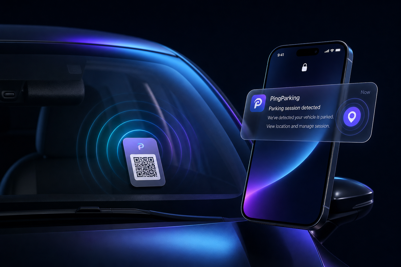 Aracının camına yapıştırılan PingParking QR sticker'ı tarandığında, telefona anında gelen güvenli park uyarısı bildirimi